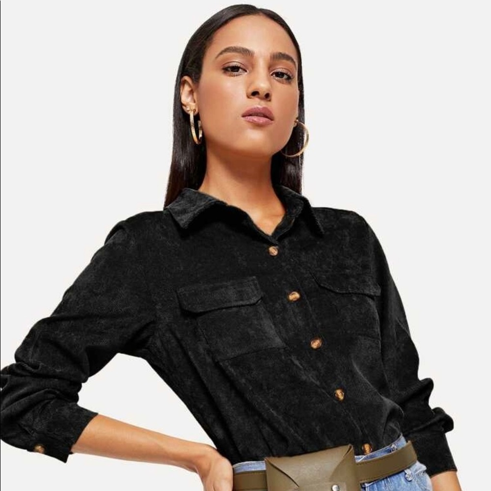 SHEIN black corduroy utility shirt